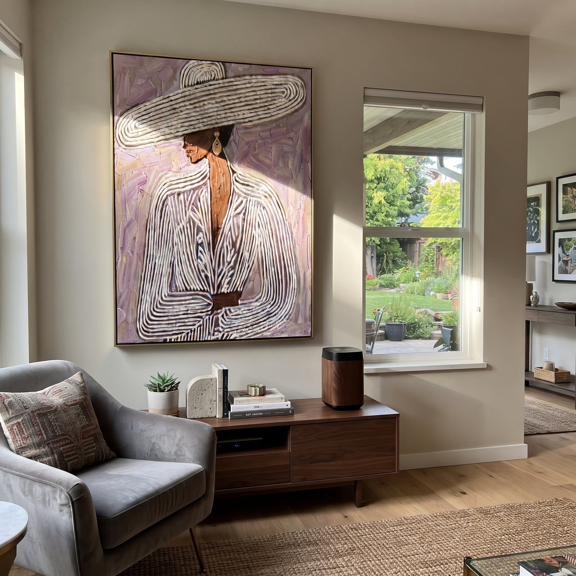 Long Brim Crosses Mauve - mauve striped woman painting by Elliot Vale, modern figurative vertical wall art - styled room scene view 4