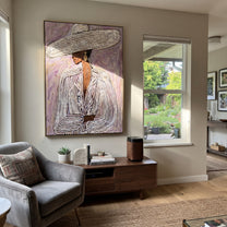Long Brim Crosses Mauve - mauve striped woman painting by Elliot Vale, modern figurative vertical wall art - styled room scene view 4