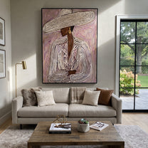 Long Brim Crosses Mauve - mauve striped woman painting by Elliot Vale, modern figurative vertical wall art - styled room scene view 5