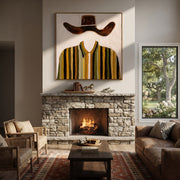 Brown Wings Float Above - mustard striped shirt painting by Elliot Vale, modern figurative square wall art - styled room scene view 1