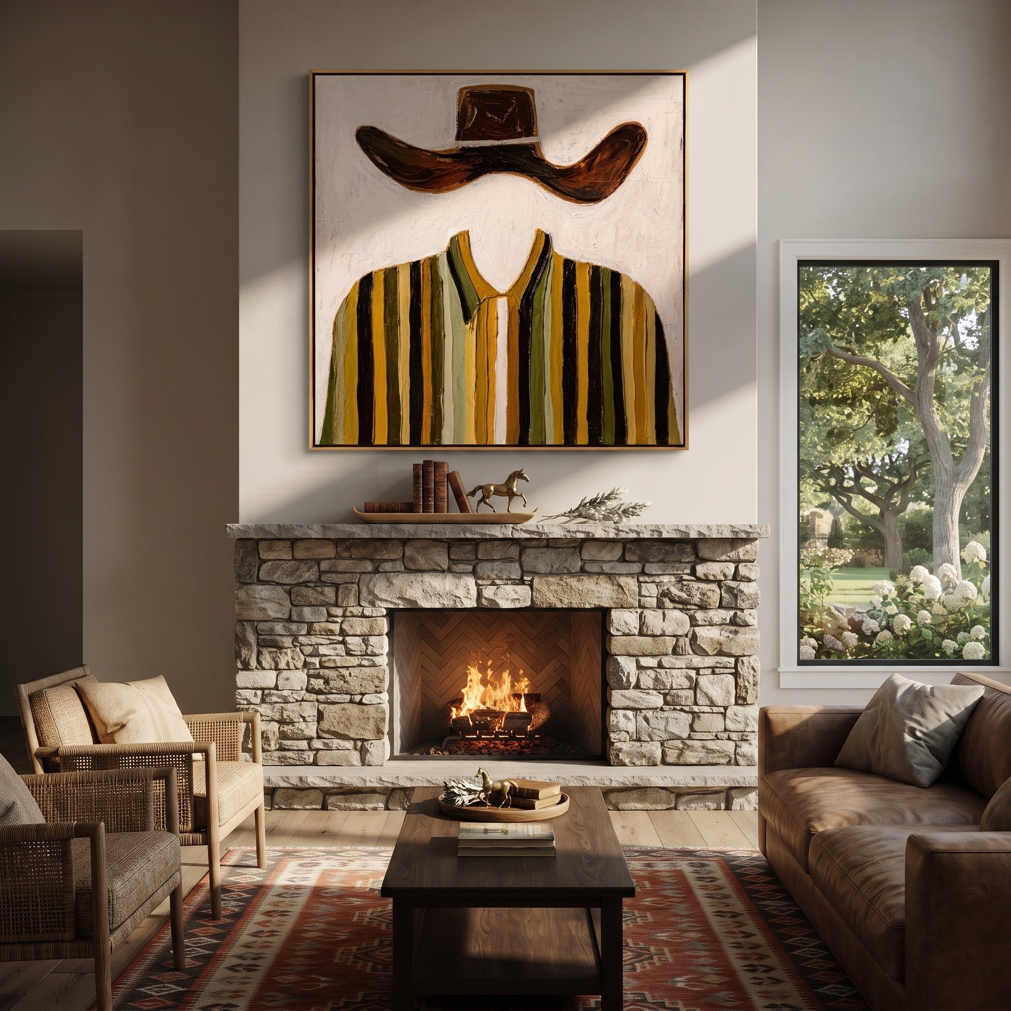 Brown Wings Float Above - mustard striped shirt painting by Elliot Vale, modern figurative square wall art - styled room scene view 1
