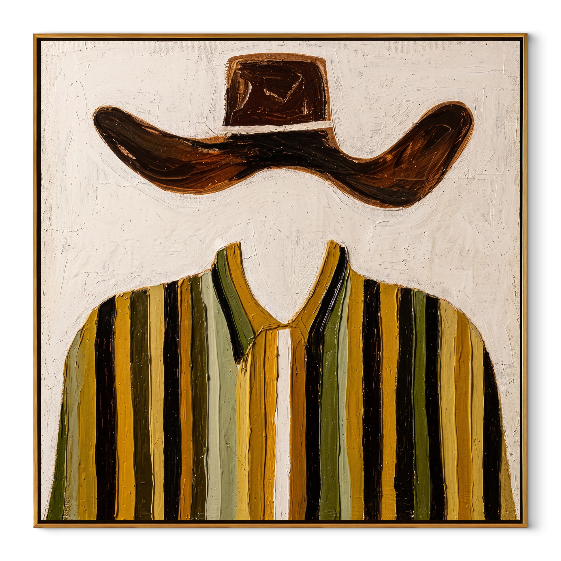 Brown Wings Float Above - mustard striped shirt painting by Elliot Vale, modern figurative square wall art - wood frame on white background
