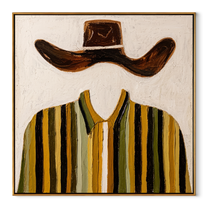 Brown Wings Float Above - mustard striped shirt painting by Elliot Vale, modern figurative square wall art - wood frame on white background