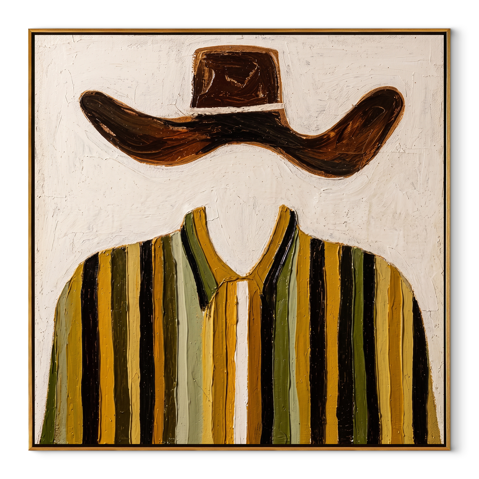 Brown Wings Float Above - mustard striped shirt painting by Elliot Vale, modern figurative square wall art - wood frame on white background