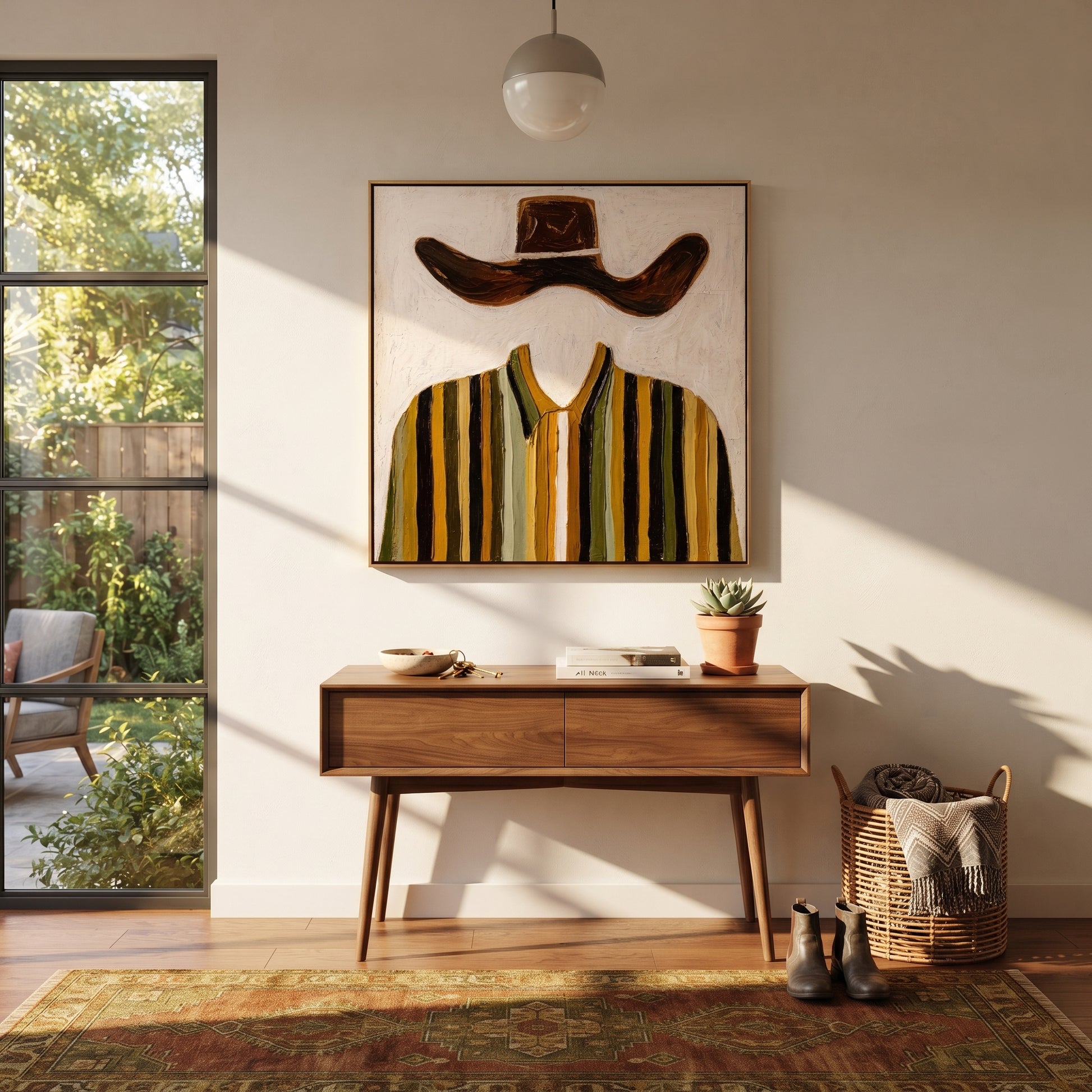 Brown Wings Float Above - mustard striped shirt painting by Elliot Vale, modern figurative square wall art - styled room scene view 2