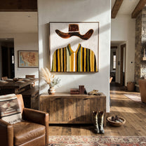 Brown Wings Float Above - mustard striped shirt painting by Elliot Vale, modern figurative square wall art - styled room scene view 3
