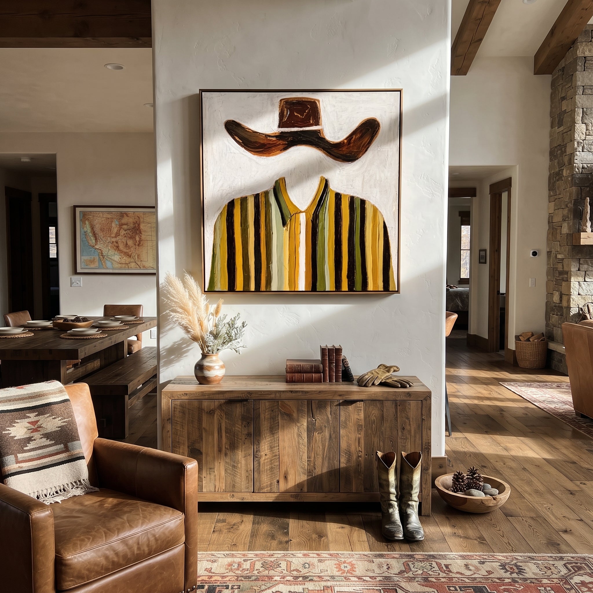 Brown Wings Float Above - mustard striped shirt painting by Elliot Vale, modern figurative square wall art - styled room scene view 3