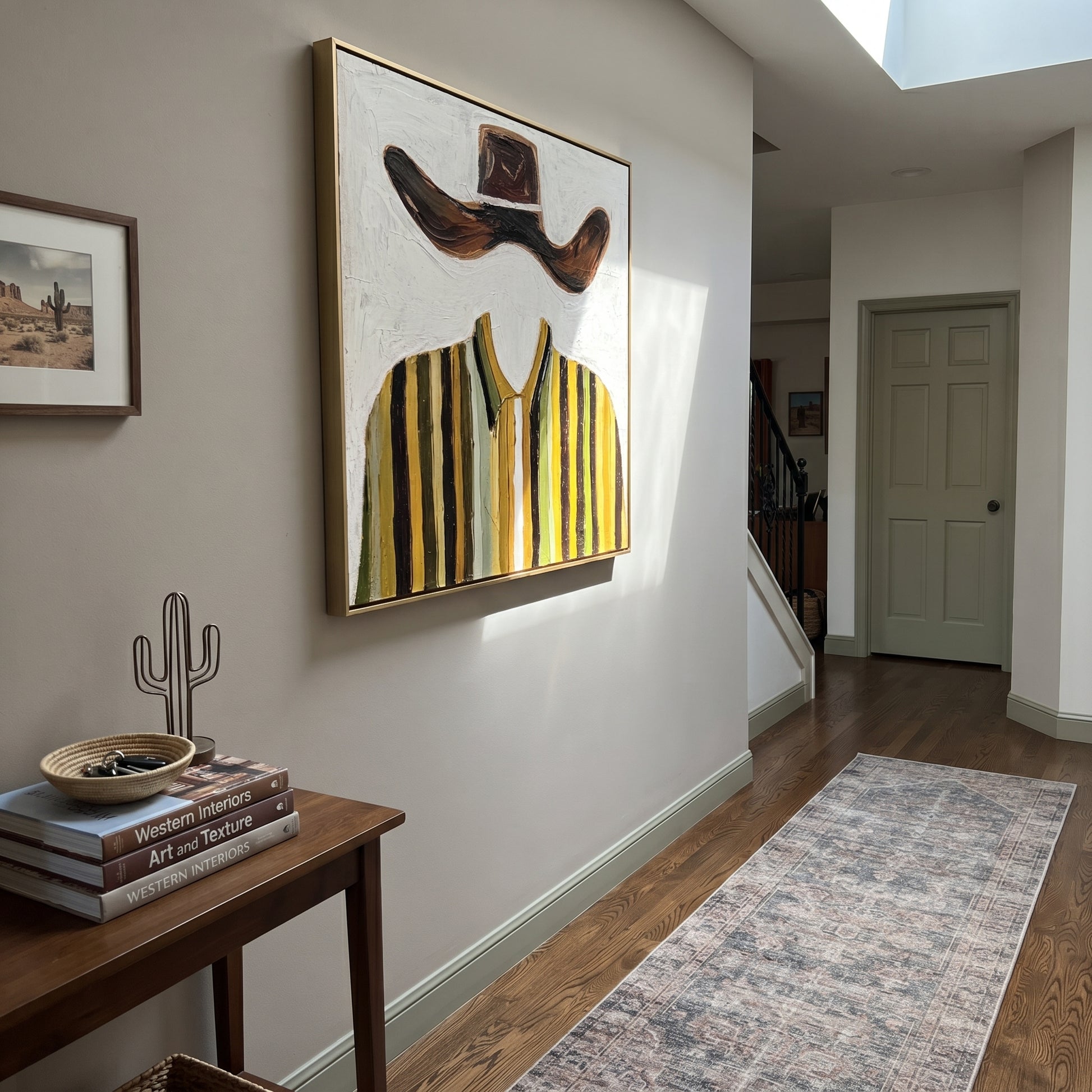 Brown Wings Float Above - mustard striped shirt painting by Elliot Vale, modern figurative square wall art - styled room scene view 4