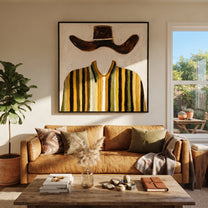 Brown Wings Float Above - mustard striped shirt painting by Elliot Vale, modern figurative square wall art - styled room scene view 5