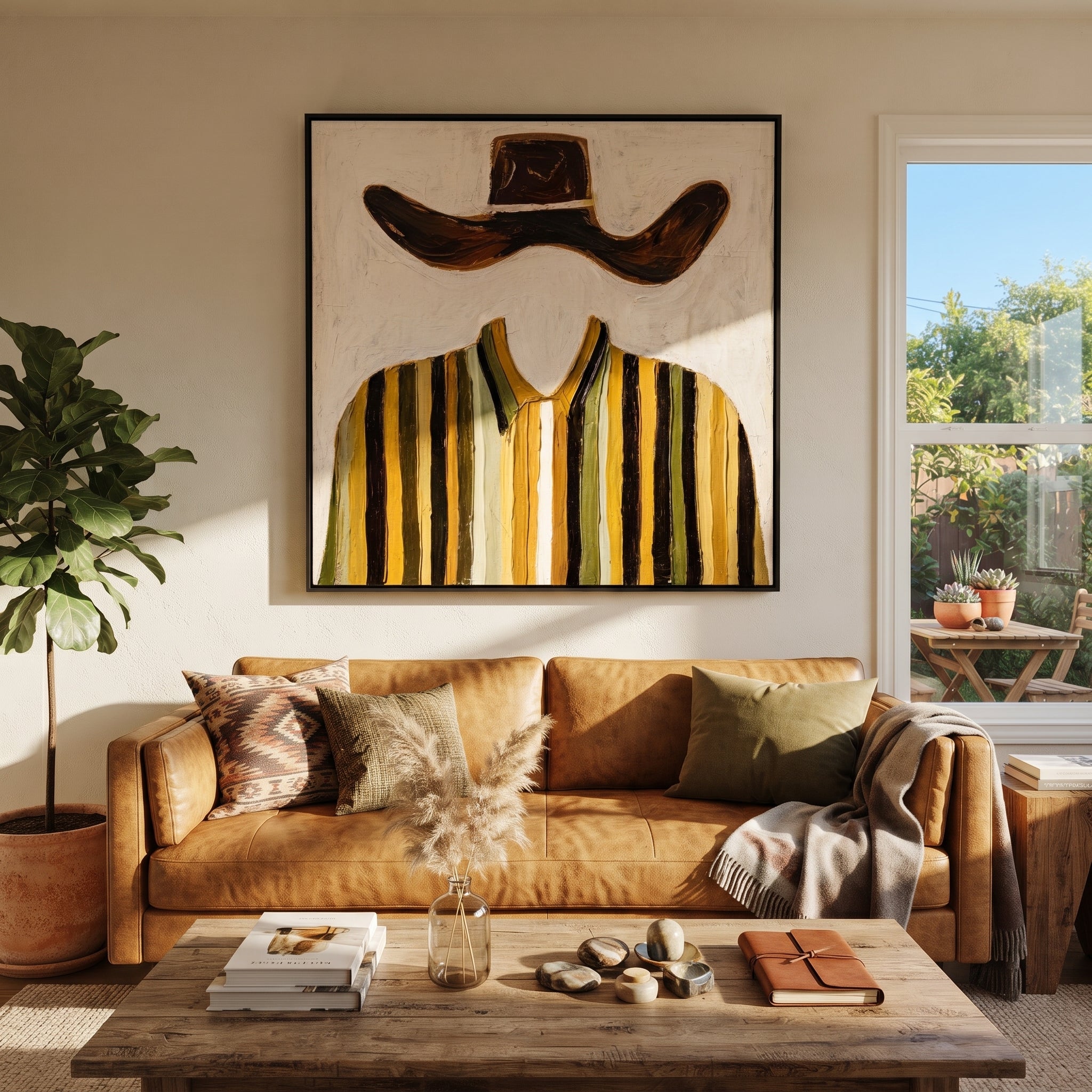 Brown Wings Float Above - mustard striped shirt painting by Elliot Vale, modern figurative square wall art - styled room scene view 5