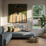 Brown Brim Meets Gold - gold striped shirt painting by Elliot Vale, modern figurative square wall art - styled room scene view 1
