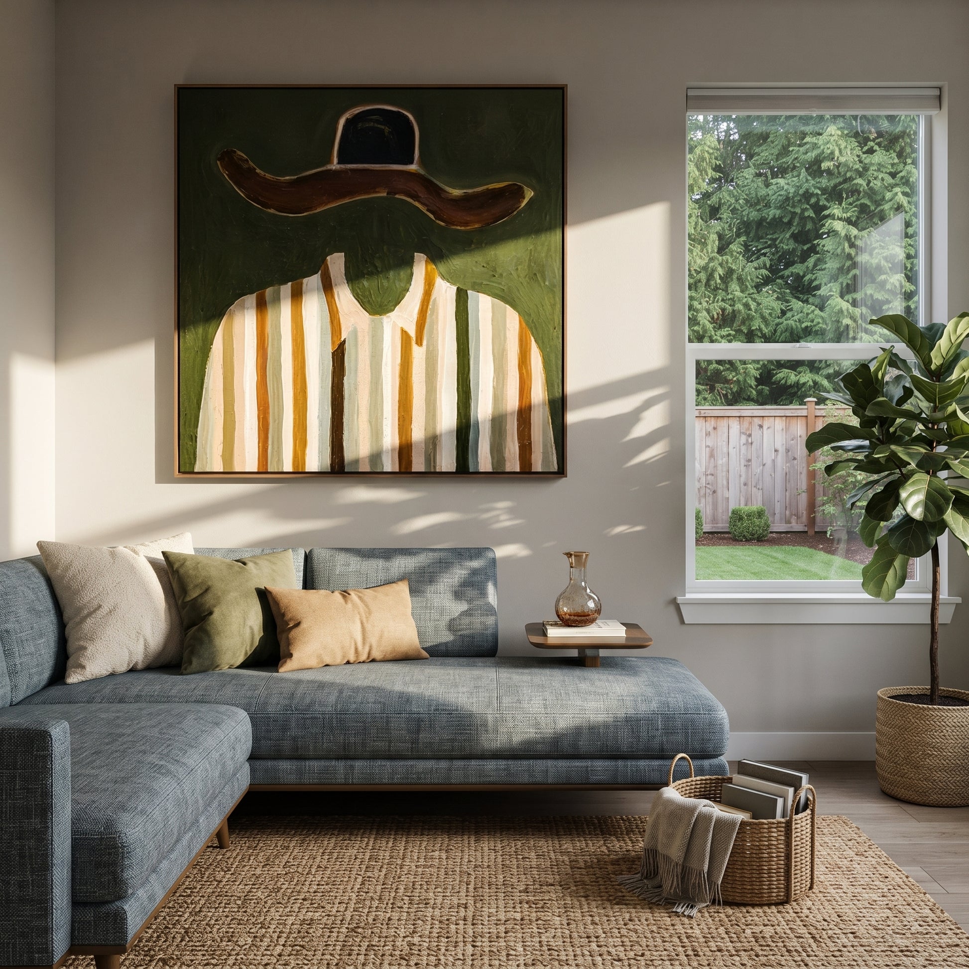 Brown Brim Meets Gold - gold striped shirt painting by Elliot Vale, modern figurative square wall art - styled room scene view 1