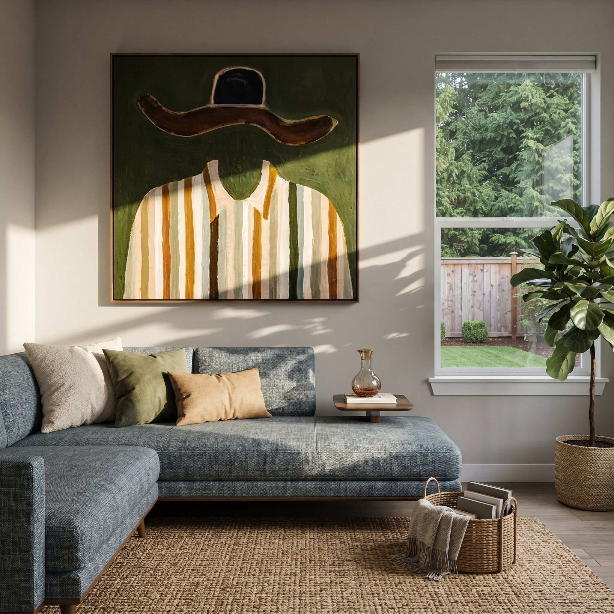 Brown Brim Meets Gold - gold striped shirt painting by Elliot Vale, modern figurative square wall art - styled room scene view 1
