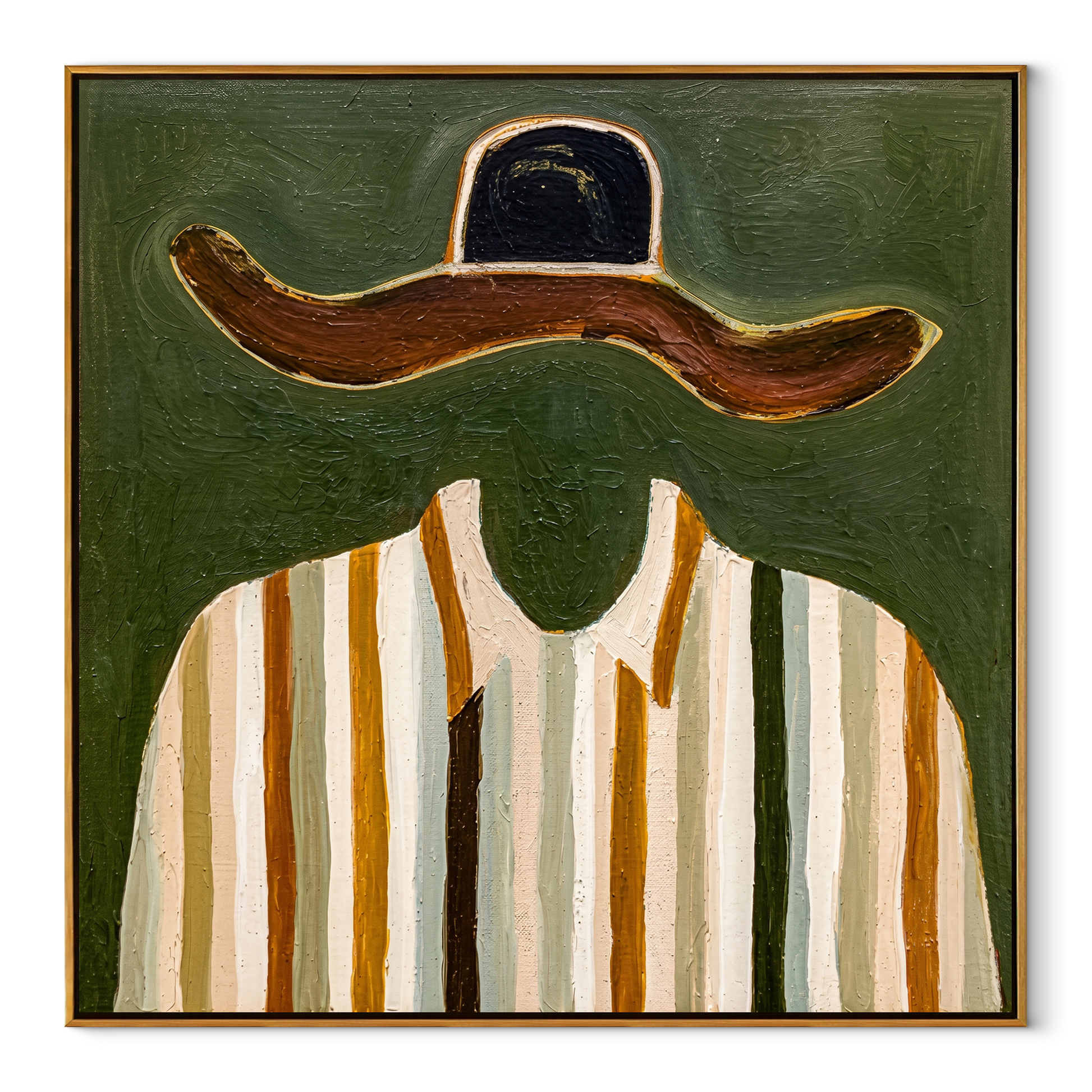 Brown Brim Meets Gold - gold striped shirt painting by Elliot Vale, modern figurative square wall art - wood frame on white background