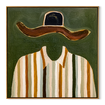 Brown Brim Meets Gold - gold striped shirt painting by Elliot Vale, modern figurative square wall art - wood frame on white background
