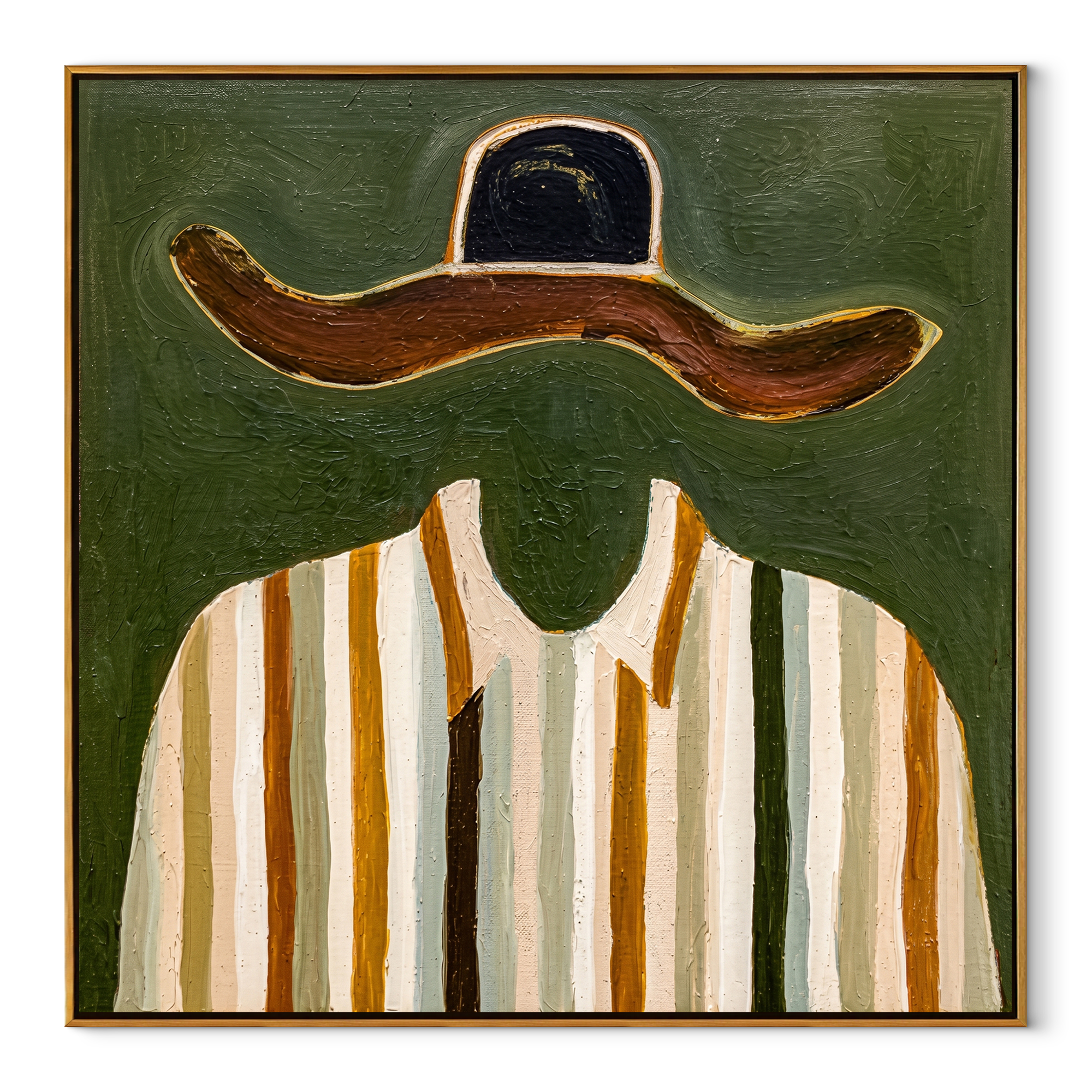 Brown Brim Meets Gold - gold striped shirt painting by Elliot Vale, modern figurative square wall art - wood frame on white background