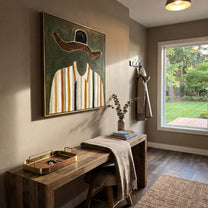 Brown Brim Meets Gold - gold striped shirt painting by Elliot Vale, modern figurative square wall art - styled room scene view 3