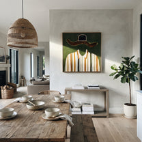Brown Brim Meets Gold - gold striped shirt painting by Elliot Vale, modern figurative square wall art - styled room scene view 4