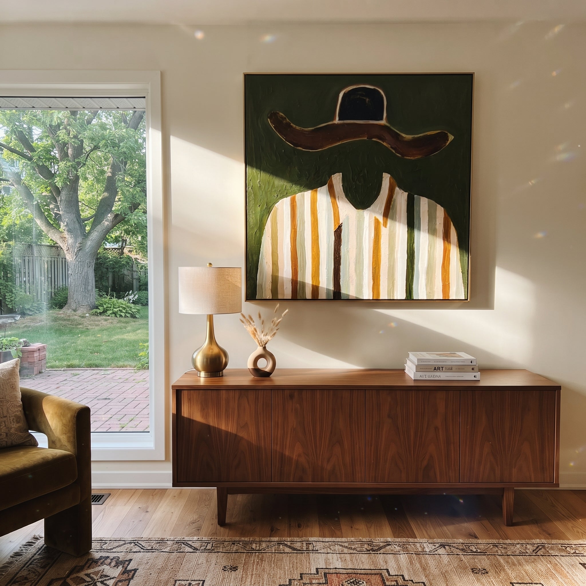Brown Brim Meets Gold - gold striped shirt painting by Elliot Vale, modern figurative square wall art - styled room scene view 5