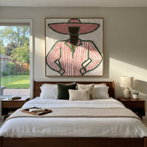 Pink Stripes Stand Ready - pink pinstripe figure painting by Elliot Vale, modern figurative square wall art - styled room scene view 1