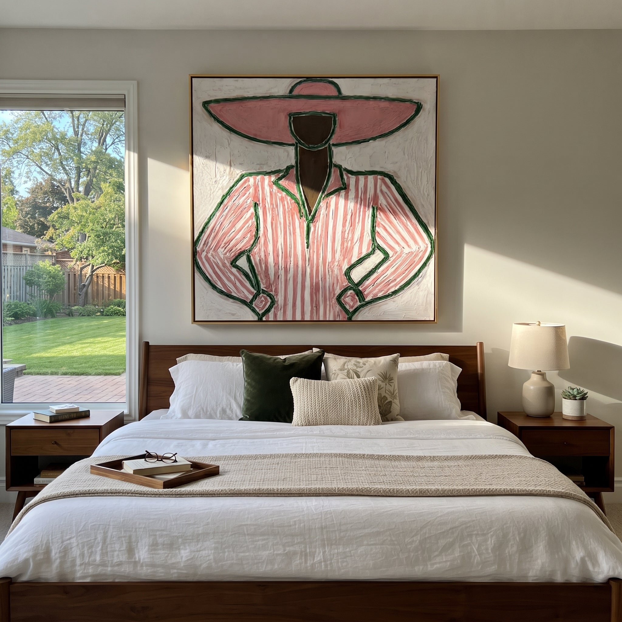 Pink Stripes Stand Ready - pink pinstripe figure painting by Elliot Vale, modern figurative square wall art - styled room scene view 1