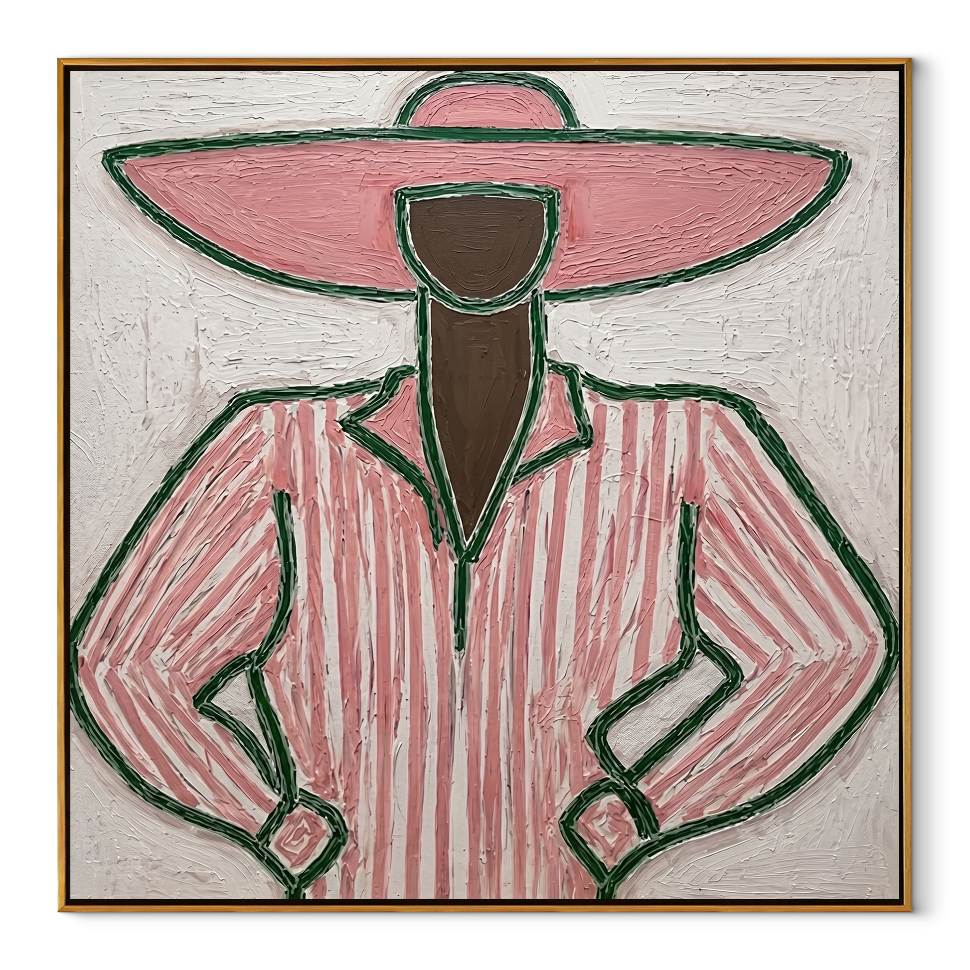 Pink Stripes Stand Ready - pink pinstripe figure painting by Elliot Vale, modern figurative square wall art - wood frame on white background