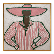 Pink Stripes Stand Ready - pink pinstripe figure painting by Elliot Vale, modern figurative square wall art - wood frame on white background