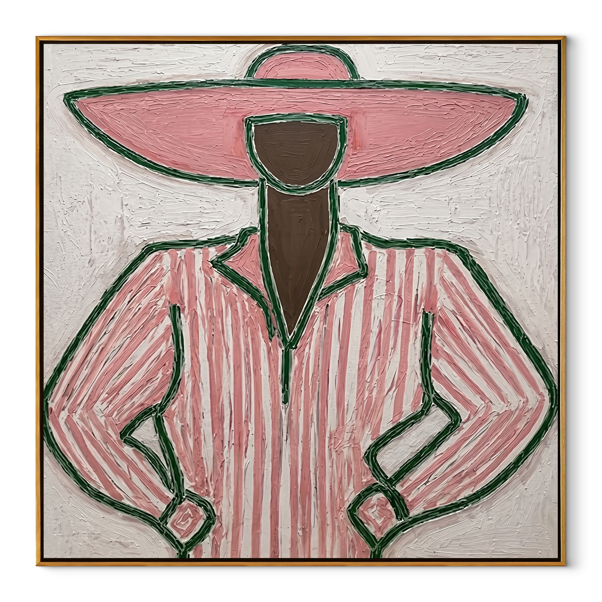 Pink Stripes Stand Ready - pink pinstripe figure painting by Elliot Vale, modern figurative square wall art - wood frame on white background