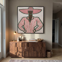 Pink Stripes Stand Ready - pink pinstripe figure painting by Elliot Vale, modern figurative square wall art - styled room scene view 2