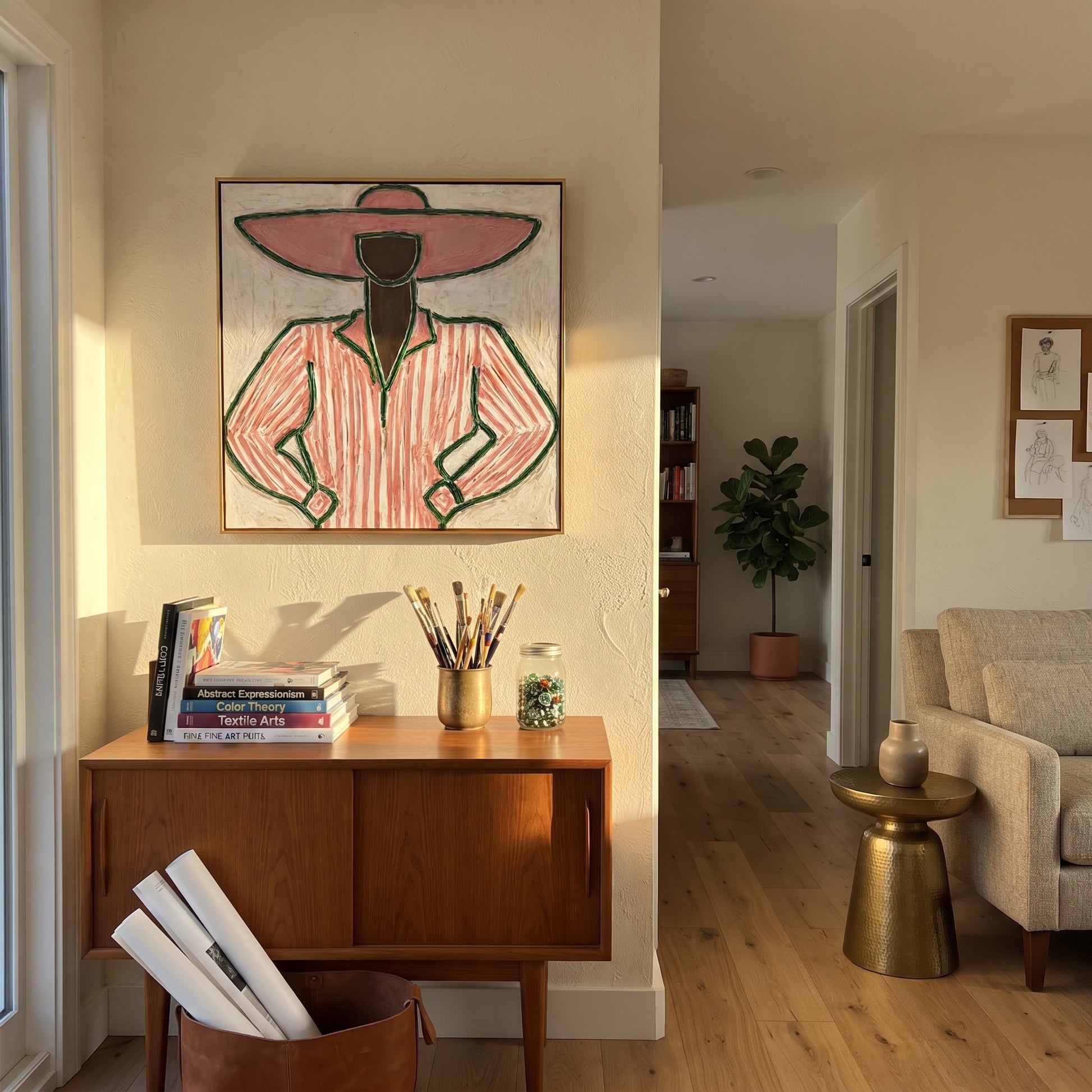 Pink Stripes Stand Ready - pink pinstripe figure painting by Elliot Vale, modern figurative square wall art - styled room scene view 3