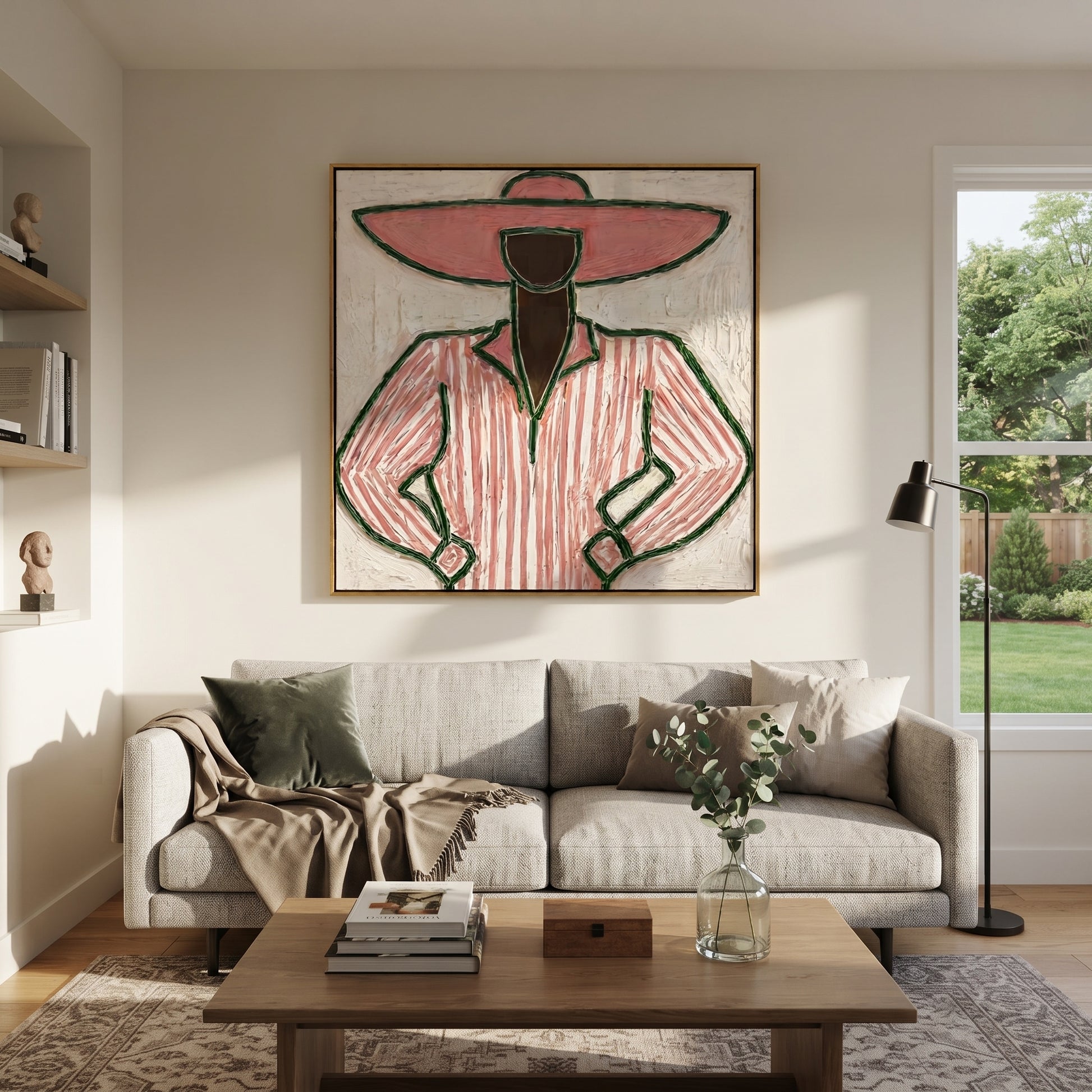 Pink Stripes Stand Ready - pink pinstripe figure painting by Elliot Vale, modern figurative square wall art - styled room scene view 4
