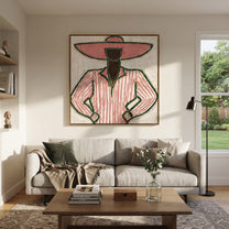Pink Stripes Stand Ready - pink pinstripe figure painting by Elliot Vale, modern figurative square wall art - styled room scene view 4