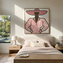 Pink Stripes Stand Ready - pink pinstripe figure painting by Elliot Vale, modern figurative square wall art - styled room scene view 5