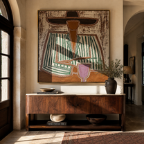 Green Stripes Hold Wine - seated wine figure painting by Elliot Vale, modern figurative square wall art - styled room scene view 1