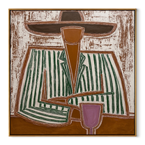 Green Stripes Hold Wine - seated wine figure painting by Elliot Vale, modern figurative square wall art - wood frame on white background