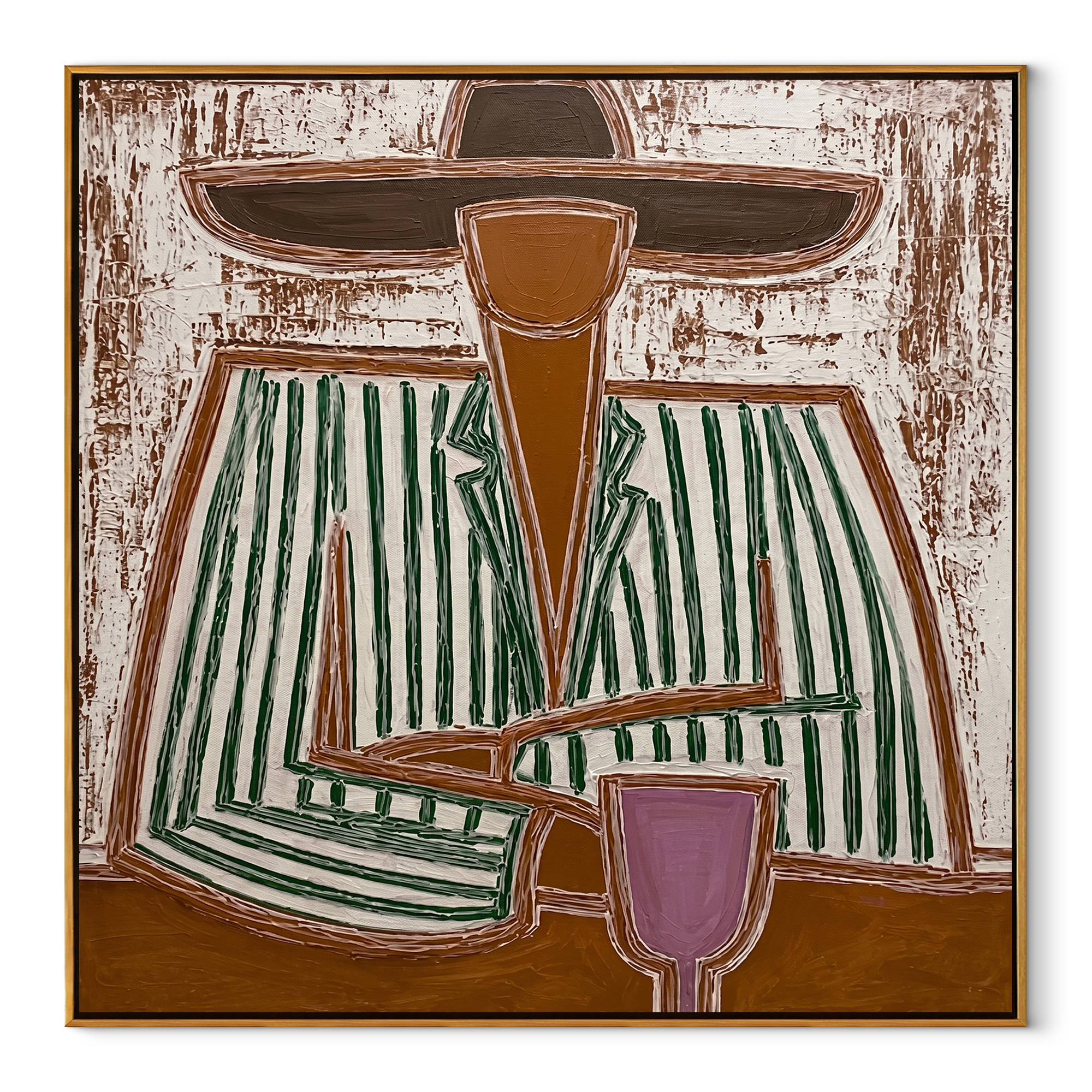 Green Stripes Hold Wine - seated wine figure painting by Elliot Vale, modern figurative square wall art - wood frame on white background
