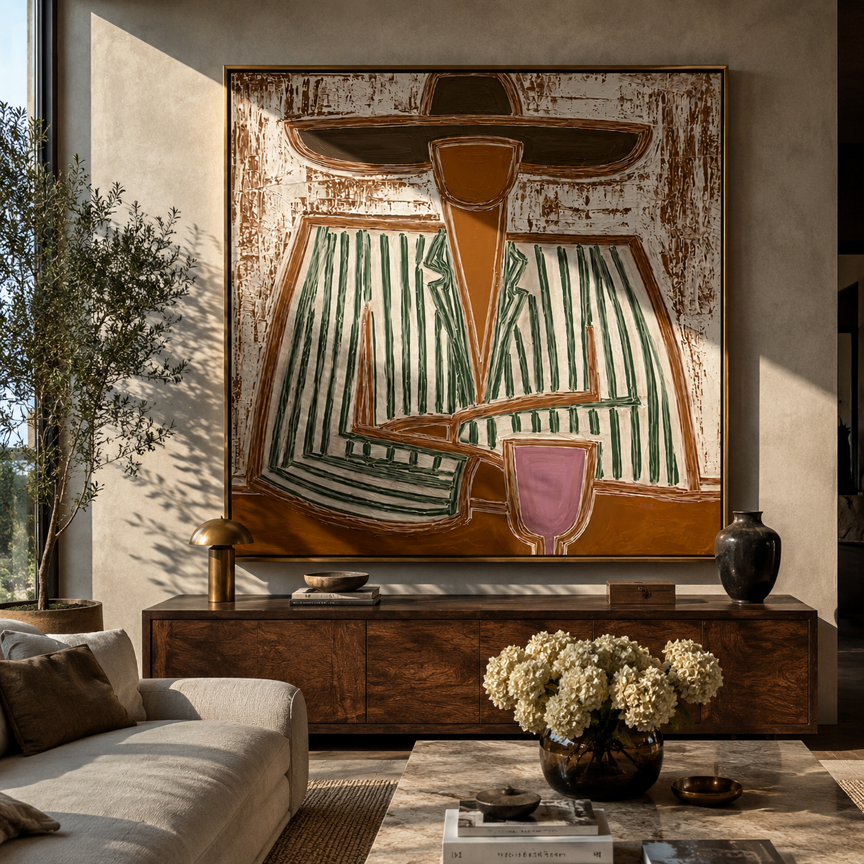 Green Stripes Hold Wine - seated wine figure painting by Elliot Vale, modern figurative square wall art - styled room scene view 3