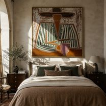 Green Stripes Hold Wine - seated wine figure painting by Elliot Vale, modern figurative square wall art - styled room scene view 4