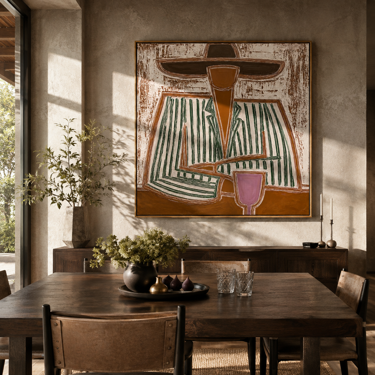 Green Stripes Hold Wine - seated wine figure painting by Elliot Vale, modern figurative square wall art - styled room scene view 5