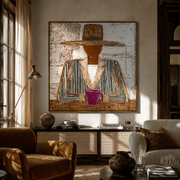 Black Stripes Guard Magenta - seated mug figure painting by Elliot Vale, modern figurative square wall art - styled room scene view 1