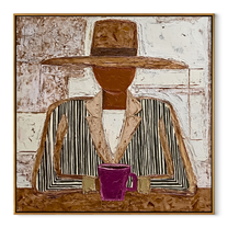Black Stripes Guard Magenta - seated mug figure painting by Elliot Vale, modern figurative square wall art - wood frame on white background