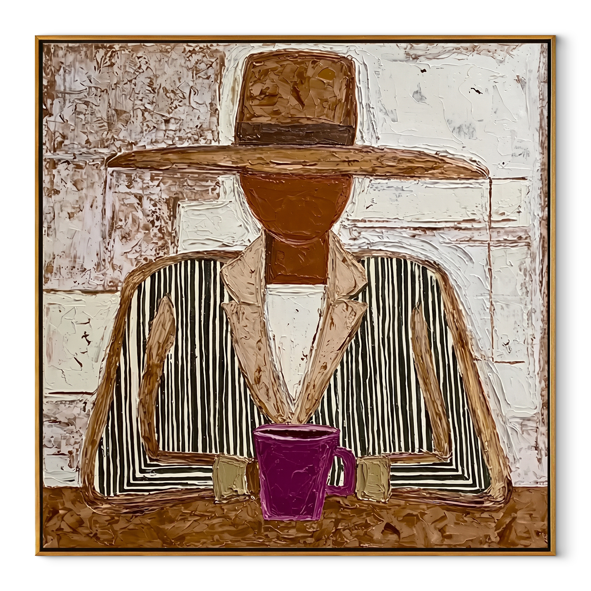 Black Stripes Guard Magenta - seated mug figure painting by Elliot Vale, modern figurative square wall art - wood frame on white background