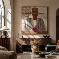 Black Stripes Guard Magenta - seated mug figure painting by Elliot Vale, modern figurative square wall art - styled room scene view 2