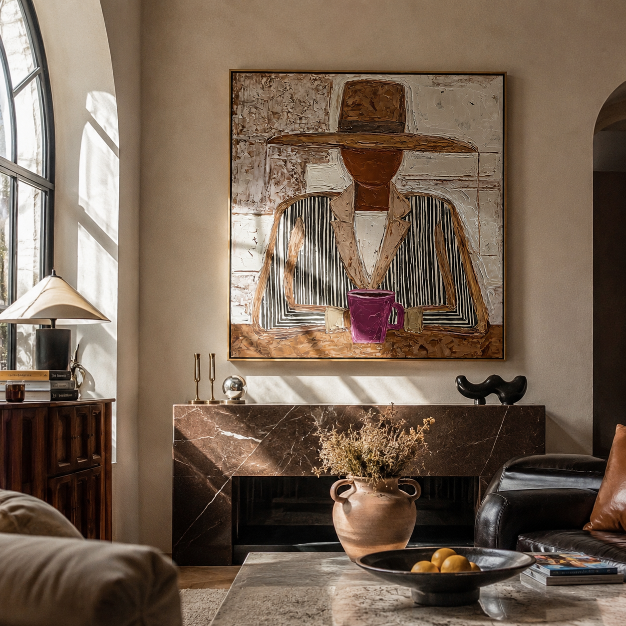 Black Stripes Guard Magenta - seated mug figure painting by Elliot Vale, modern figurative square wall art - styled room scene view 2