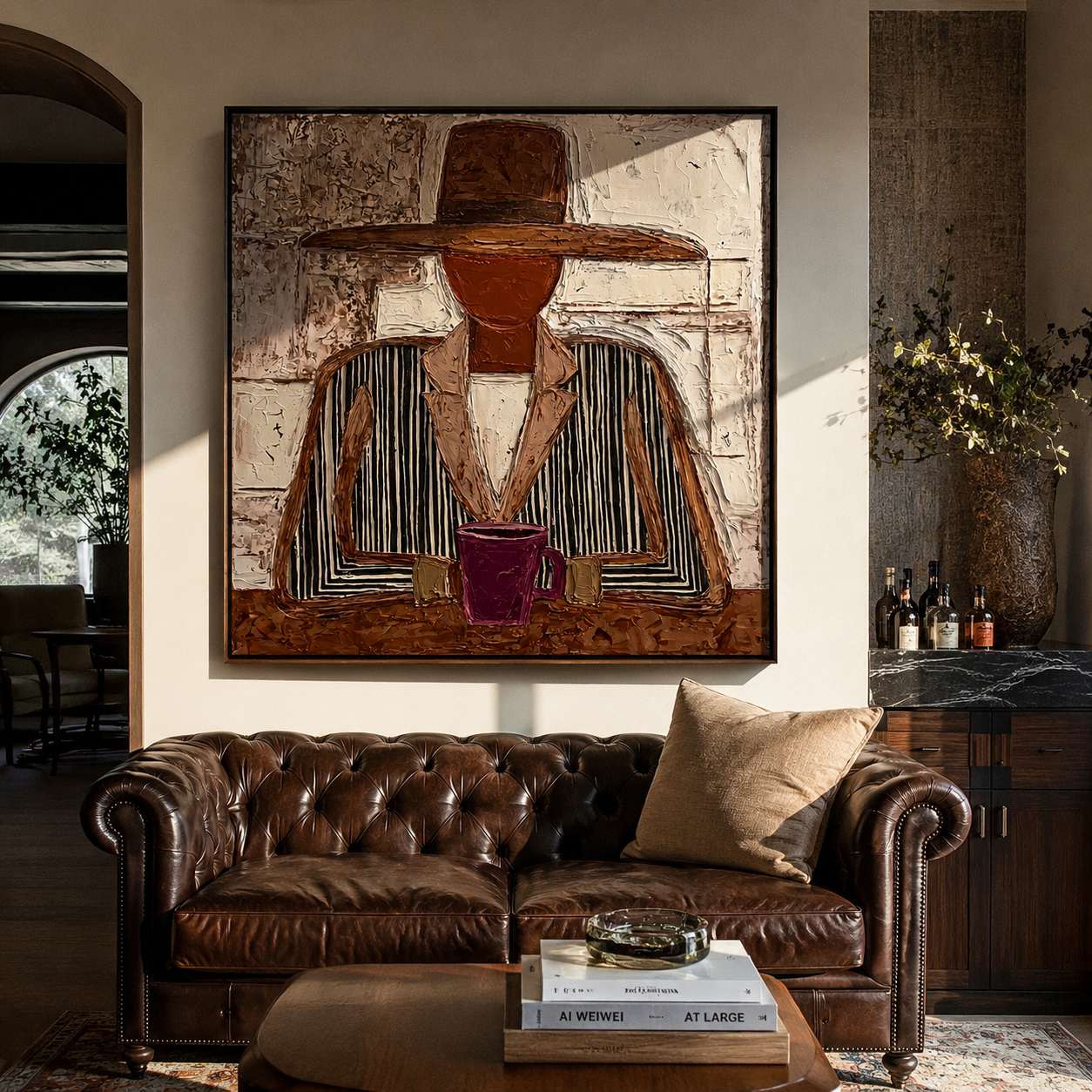 Black Stripes Guard Magenta - seated mug figure painting by Elliot Vale, modern figurative square wall art - styled room scene view 3