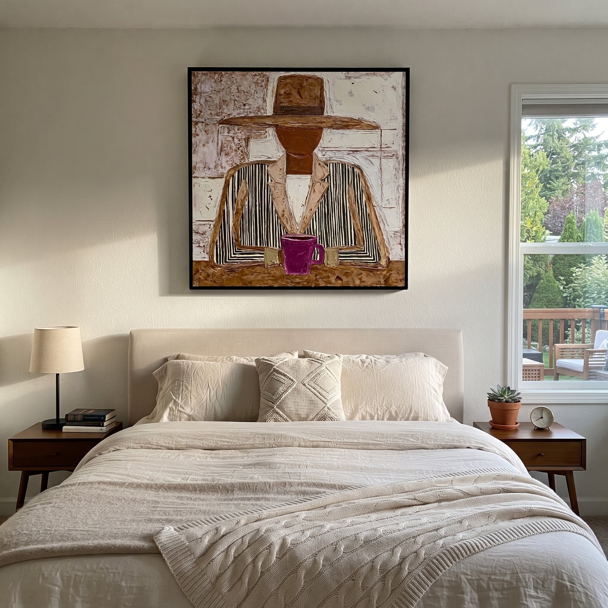 Black Stripes Guard Magenta - seated mug figure painting by Elliot Vale, modern figurative square wall art - styled room scene view 4