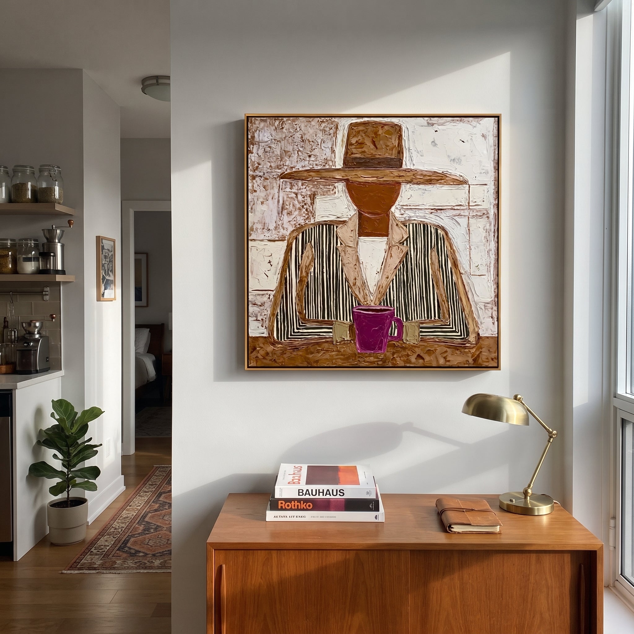 Black Stripes Guard Magenta - seated mug figure painting by Elliot Vale, modern figurative square wall art - styled room scene view 5