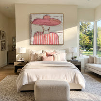 Pink Brim Softens White - pink striped figure painting by Elliot Vale, modern figurative square wall art - styled room scene view 1
