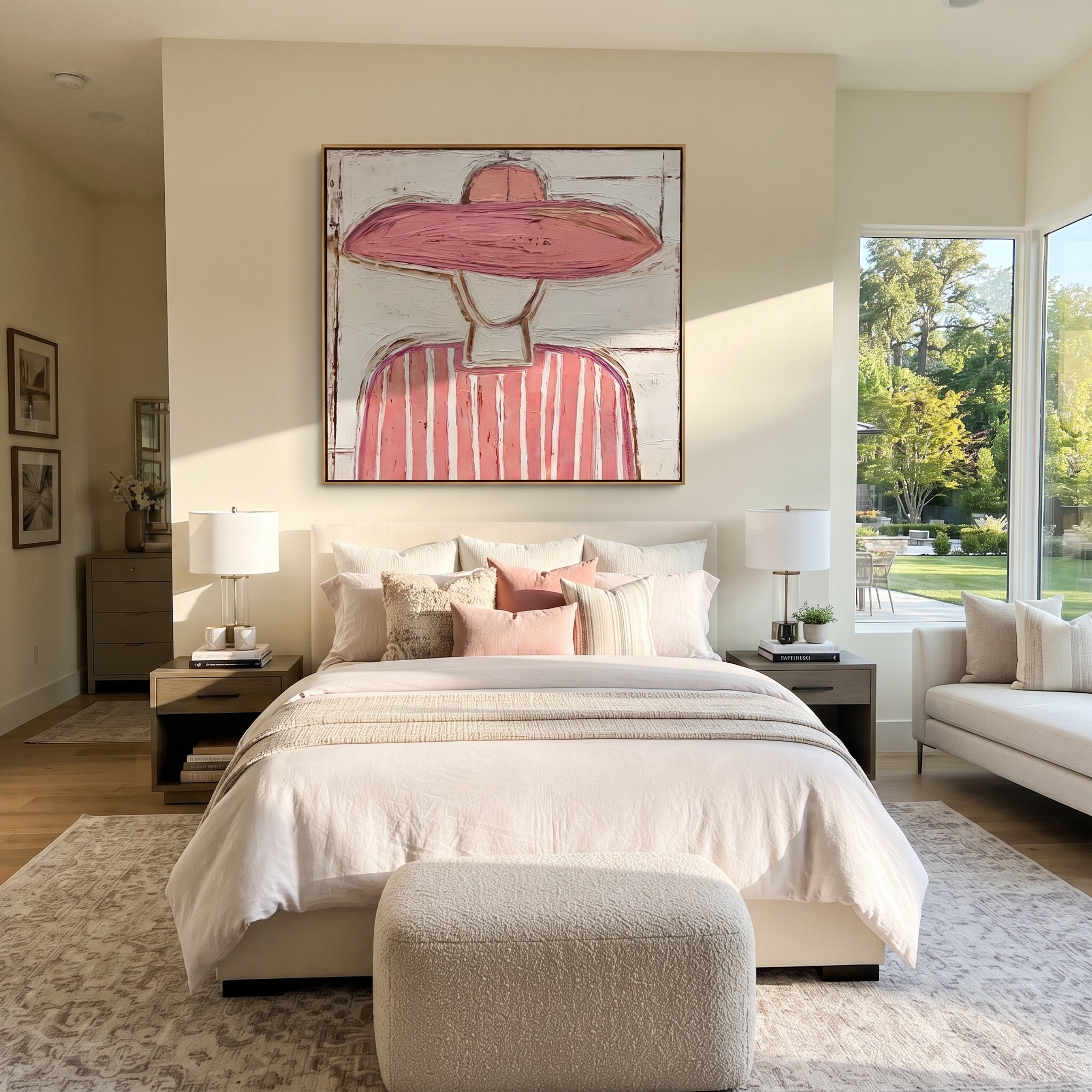 Pink Brim Softens White - pink striped figure painting by Elliot Vale, modern figurative square wall art - styled room scene view 1