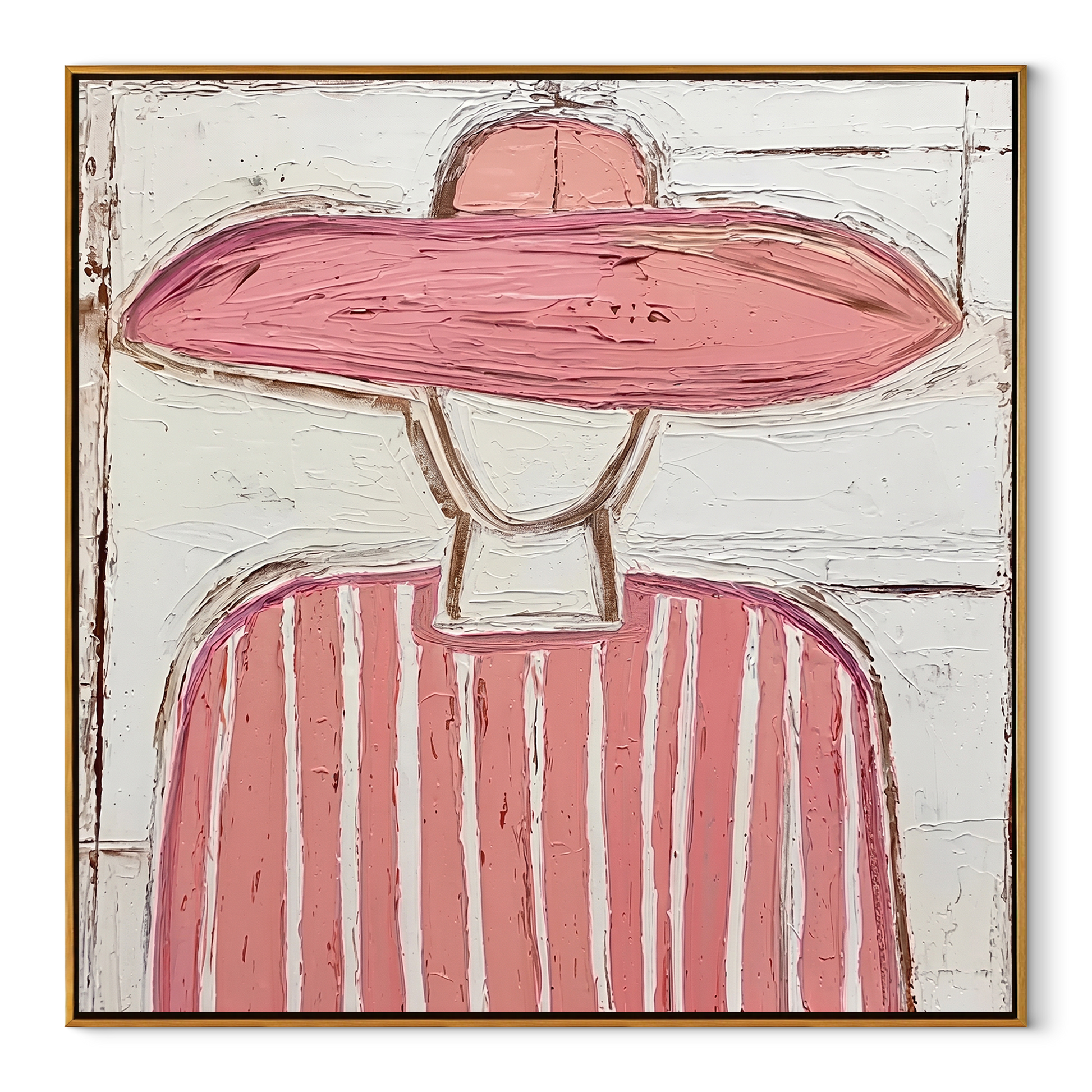 Pink Brim Softens White - pink striped figure painting by Elliot Vale, modern figurative square wall art - wood frame on white background